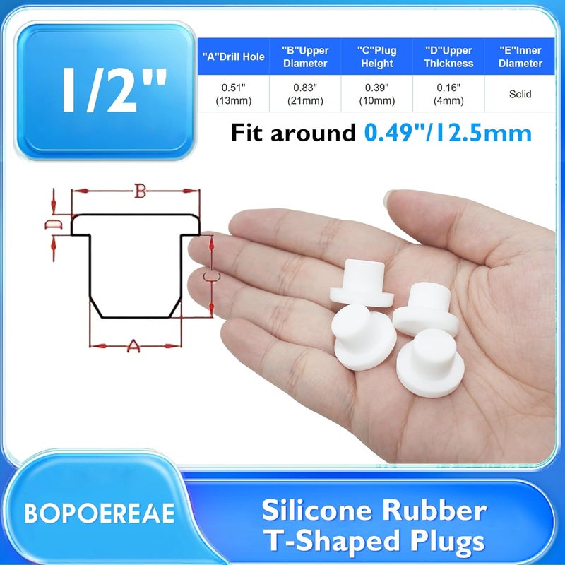 BOPOREAE 20 Pcs 13 mm/0.52 in Silicone Rubber Plug for Round Holes, Waterproof T Type Rubber Stoppers, Soft Flexible Bottle Seal Button Plugs Tube Pipe End Caps Inserts, White - Image 2
